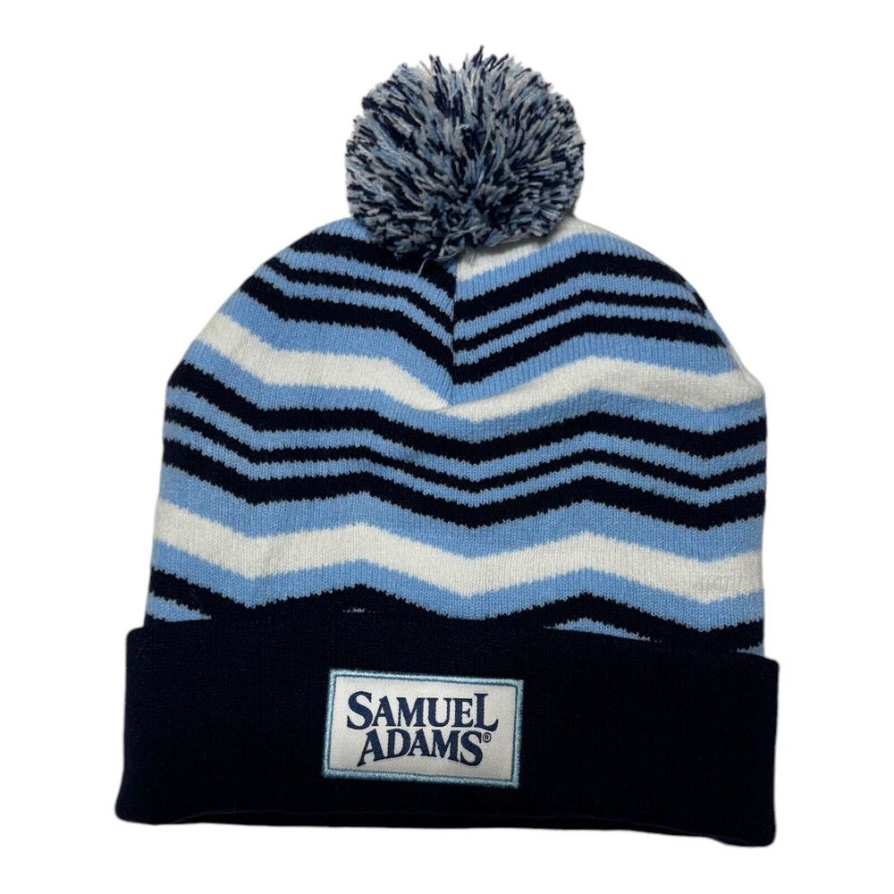 Sam Adams Cold Snap Beanie Hat Striped Cap Pom Pom‎ Blue White Winter Hat Adult